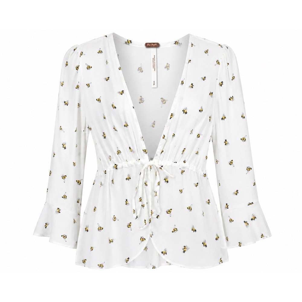 Free People Bee‎ Print Tie Front Blouse Boho Bell Sleeve Sheer Top White S
